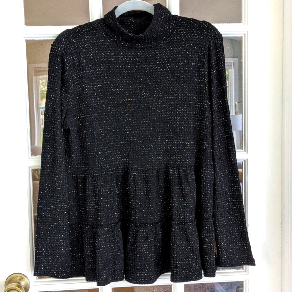 Women's Large Mock Neck Turtleneck Lightweight Black Sweater Metallic Threading